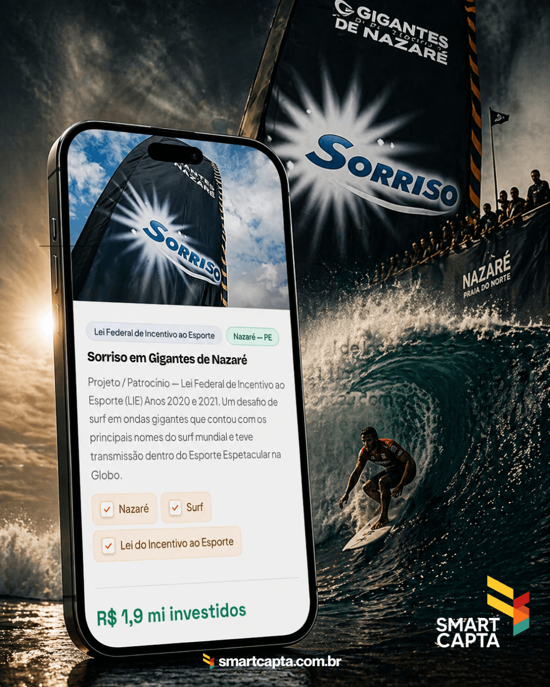 Onda grande e surfistas — curadoria Smart Capta em projetos esportivos e experiências de marca na costa
